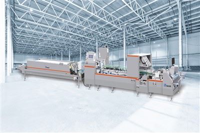 Máquina para dobrar e colar caixas de papelão ondulado (condução superior na dobra final)